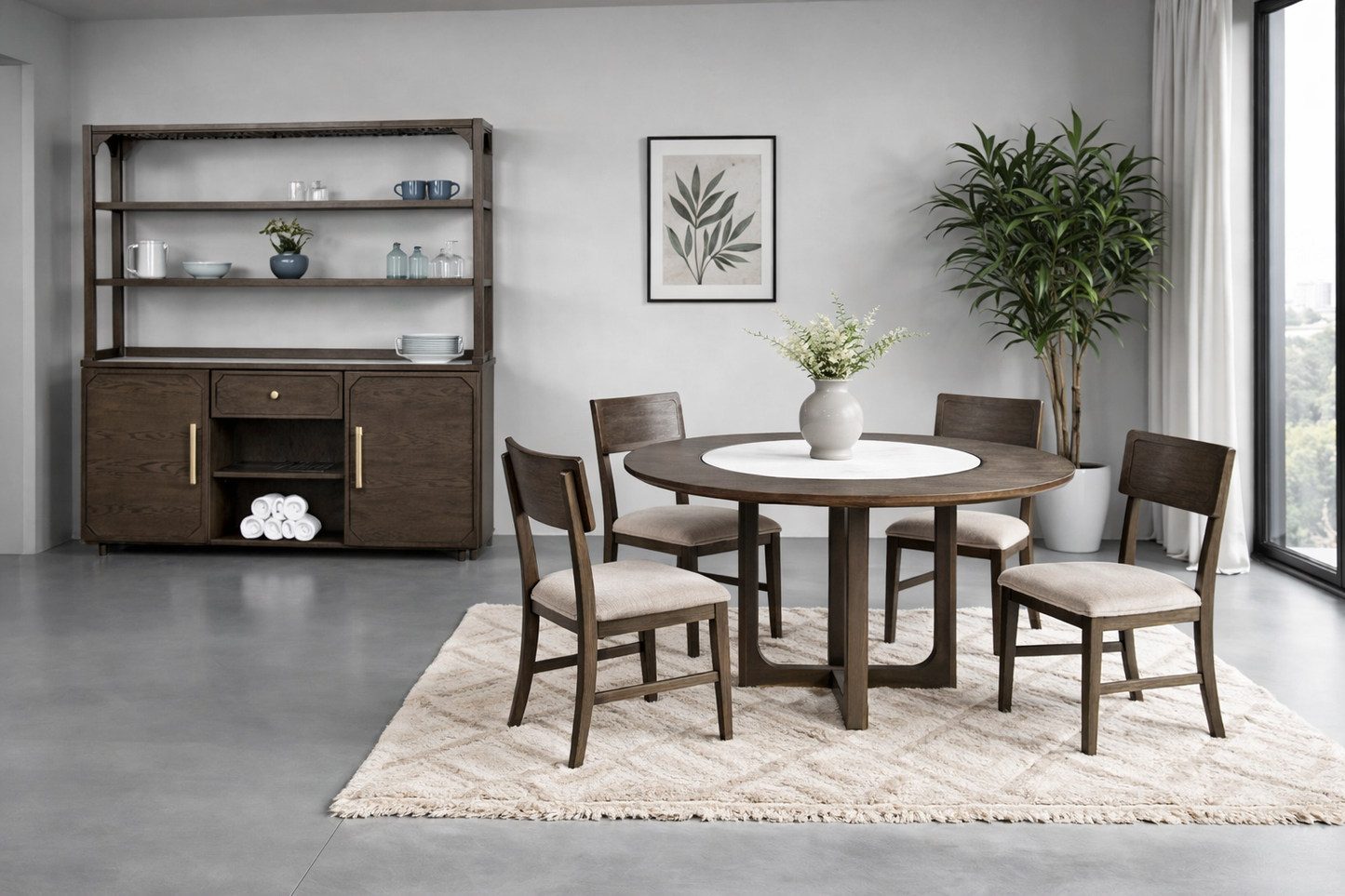 Vellara Transitional 5-Piece Round Dining Set with Stone Top – Dark Walnut
