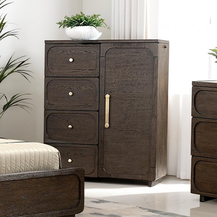 Vellara Transitional Gentleman’s Chest with Gold Hardware – Dark Walnut - Finally Home Furnishings LLC