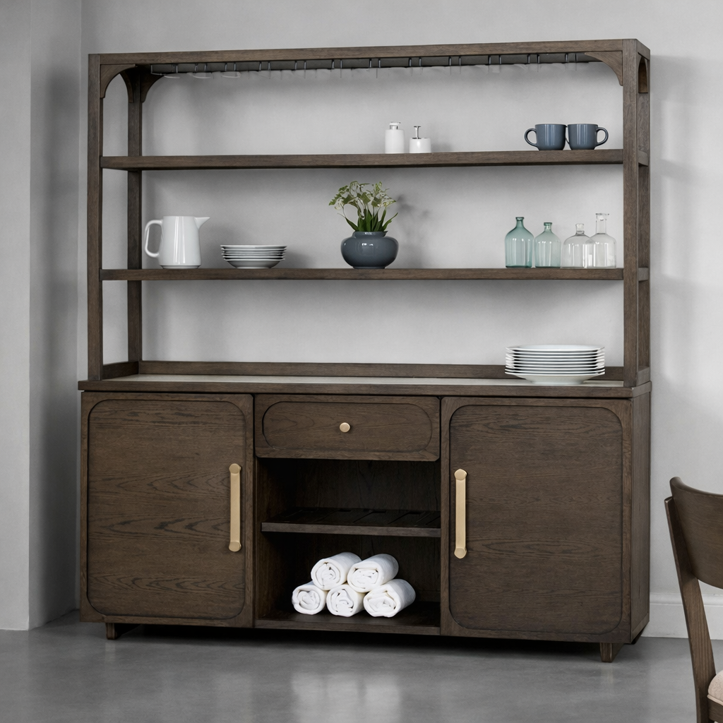 Vellara Transitional Hutch & Buffet with Stone Top & Gold Hardware – Dark Walnut - Finally Home Furnishings LLC