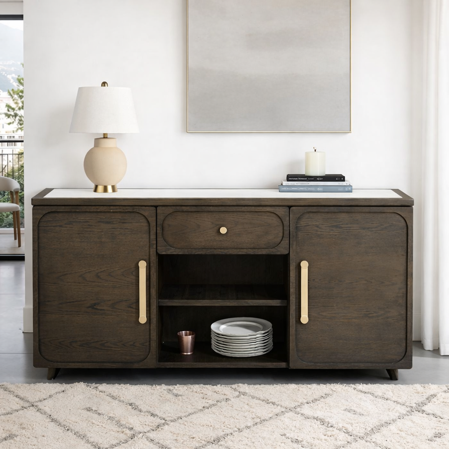 Vellara Transitional Hutch & Buffet with Stone Top & Gold Hardware – Dark Walnut - Finally Home Furnishings LLC