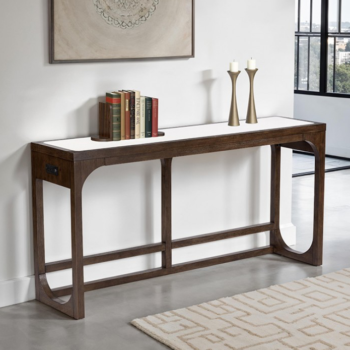 Vellara Transitional Sofa Table with Quartz Stone Top & USB Charging – Dark Walnut - Finally Home Furnishings LLC