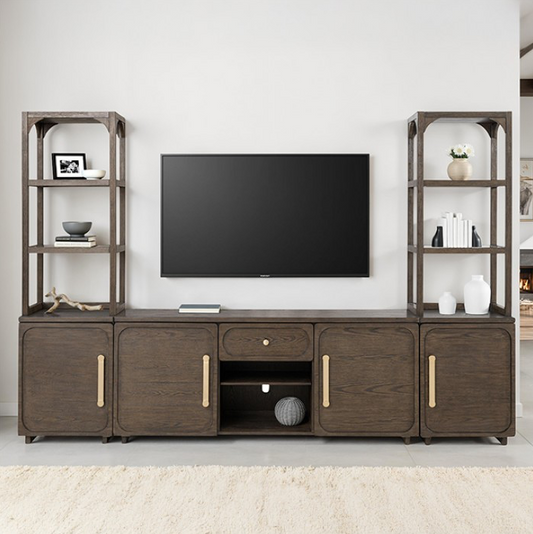 Vellara Transitional Entertainment Center with Stone Top & Gold Hardware – Dark Walnut - Finally Home Furnishings LLC