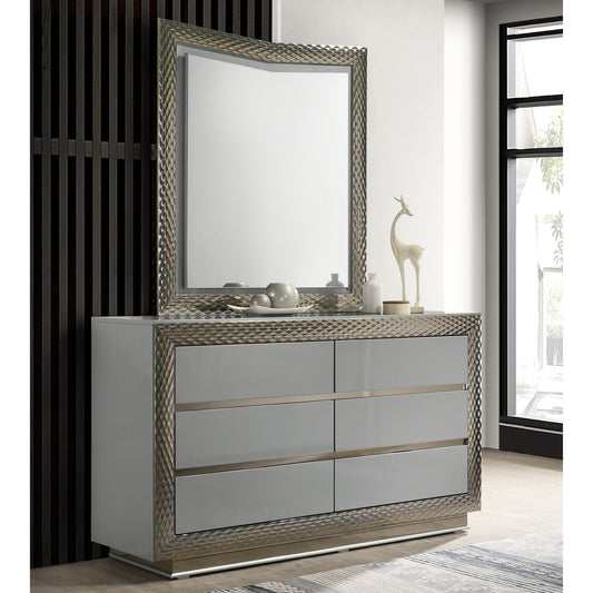 Ventnor Glam Collection Dresser with Plinth Base & Silver Molding, Gray