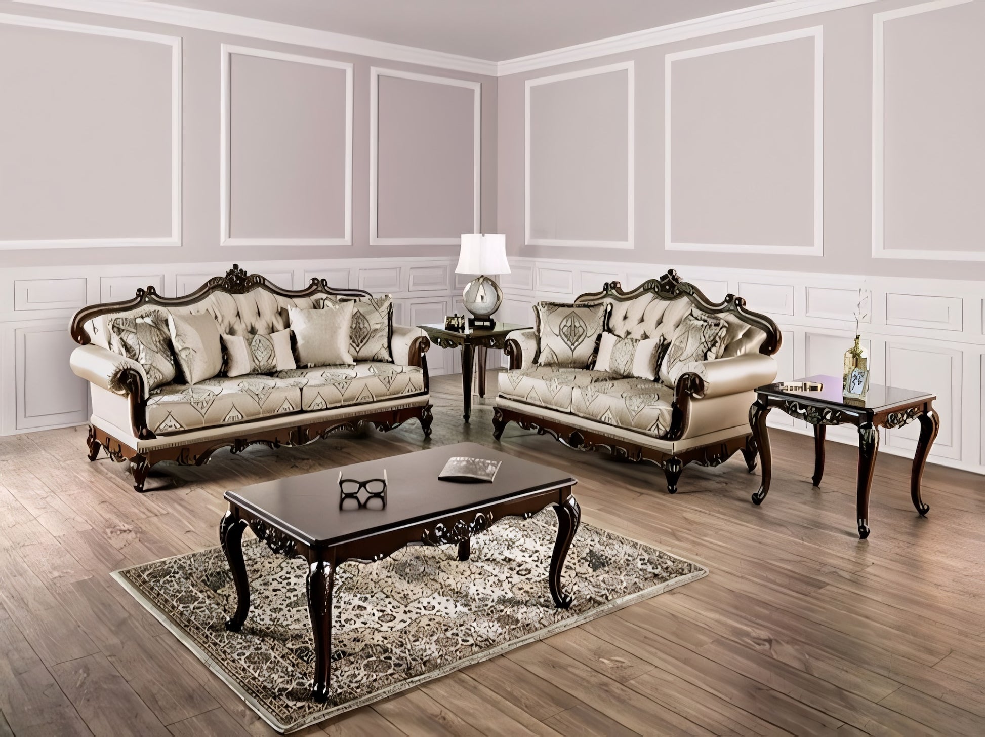 Luxurious living room with ornate furniture and decorative elements.