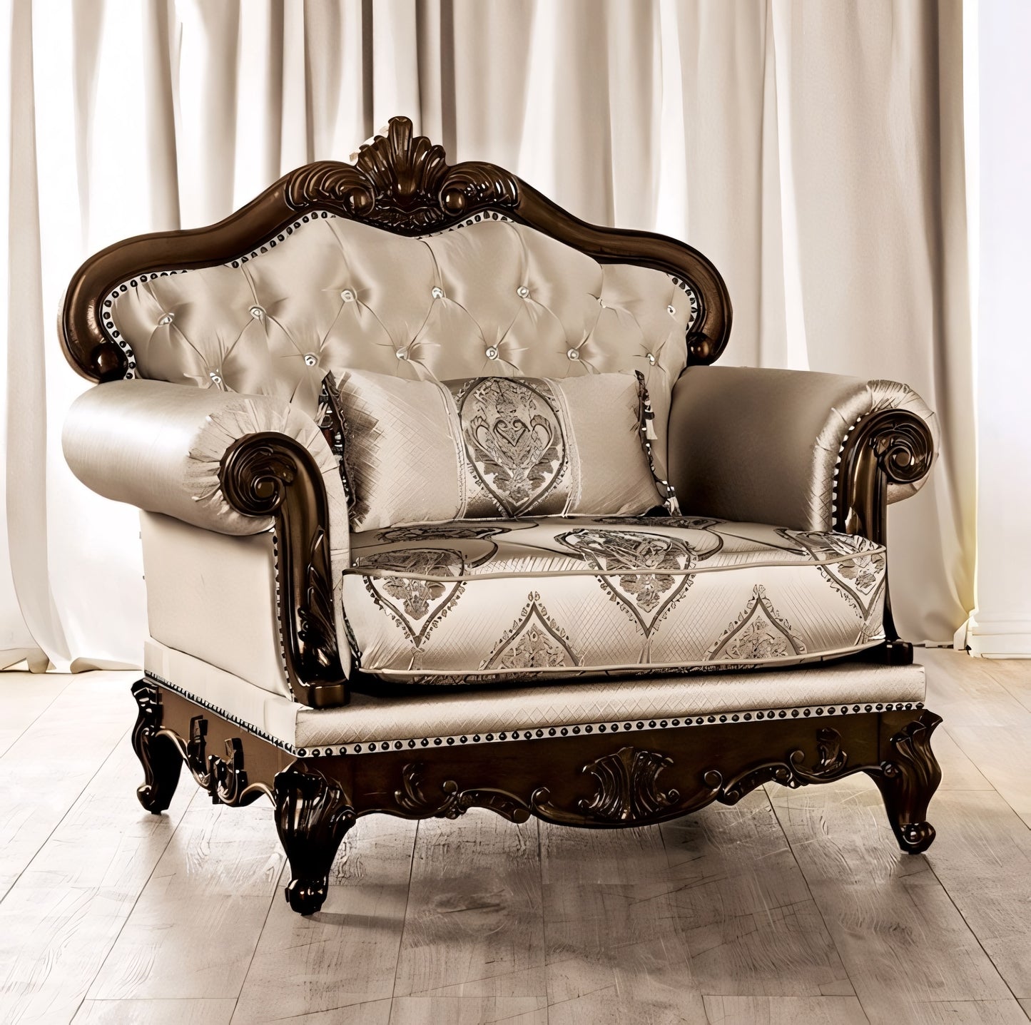 Traditional Arm Chair – Beige Fabric & Dark Cherry Wood