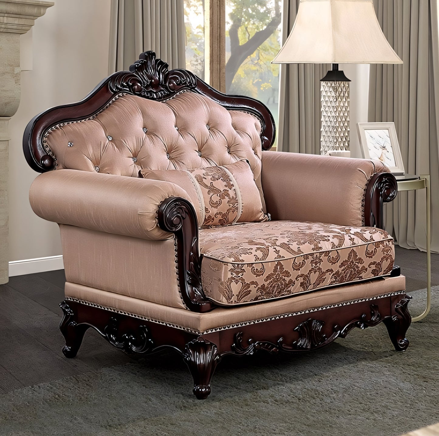 Veracruz Traditional Sofa in Light Brown Fabric & Dark Cherry Finish