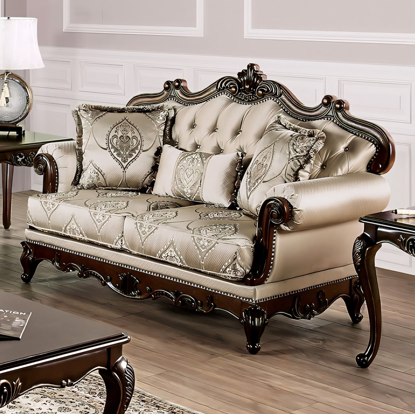 Veracruz Traditional Sofa & Loveseat Set with Wood Trim - Beige & Dark Cherry