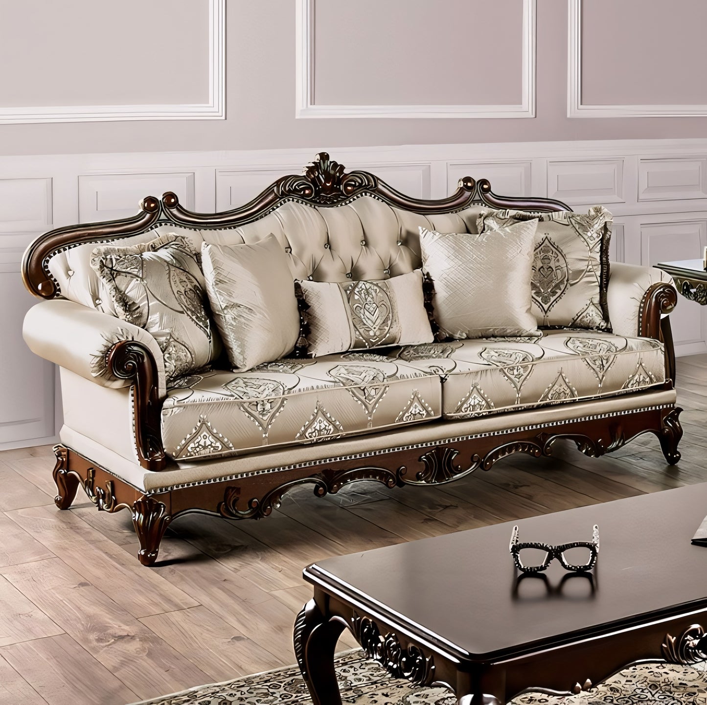 Veracruz Traditional Sofa & Loveseat Set with Wood Trim - Beige & Dark Cherry