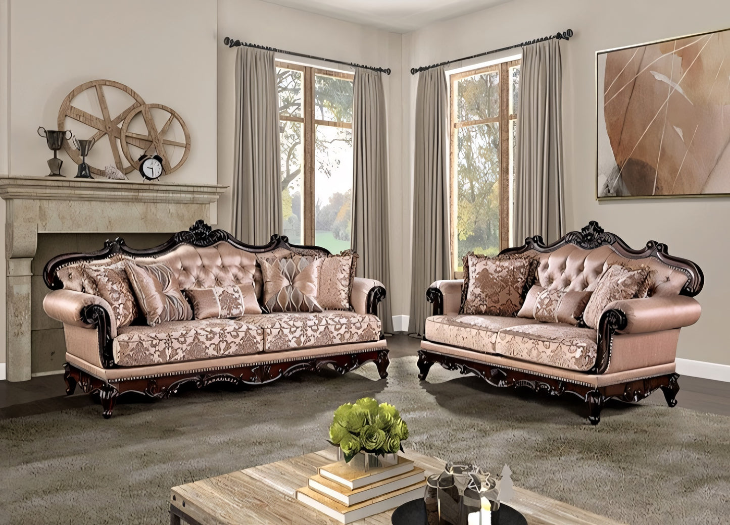 Veracruz Traditional Sofa in Light Brown Fabric & Dark Cherry Finish