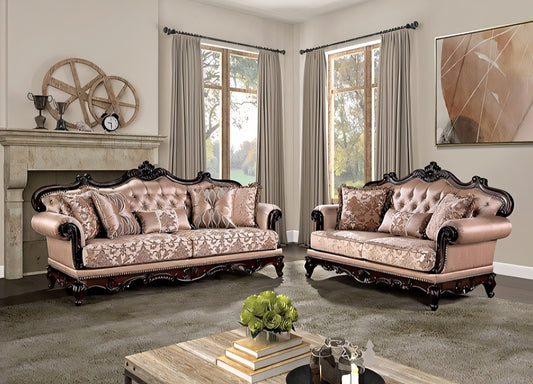 Veracruz Traditional Sofa & Loveseat Set with Wood Trim - Light Brown & Dark Cherry