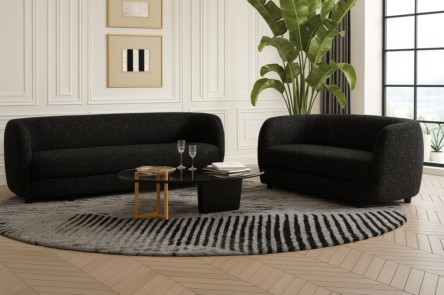 Versoix Contemporary Living Room Set in Black Boucle