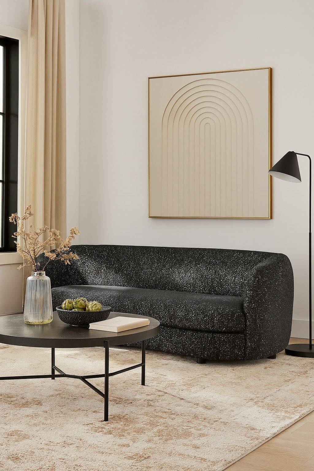 Versoix Contemporary Living Room Set in Black Boucle