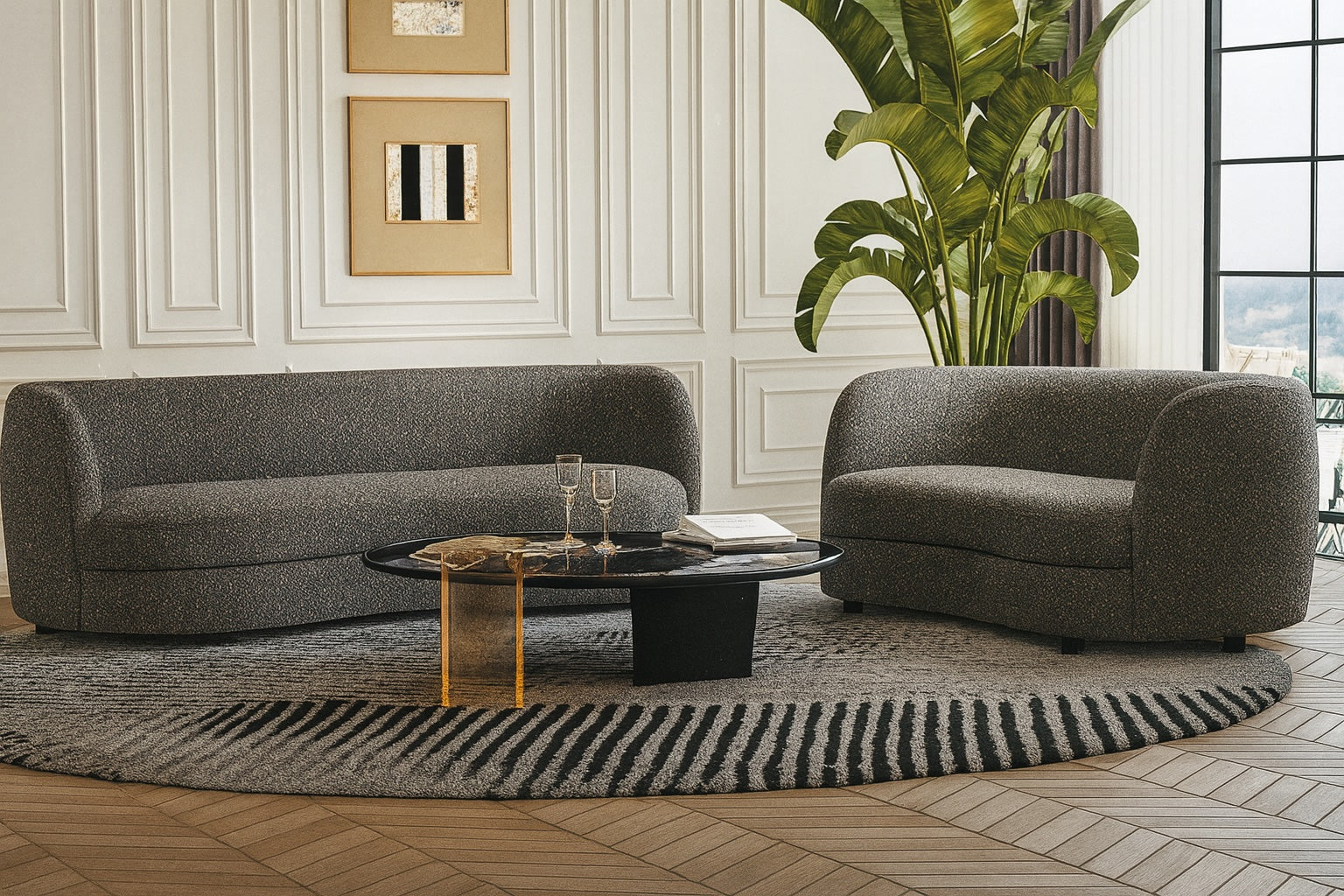 Modern living room with gray sofa, coffee table, and decorative elements.