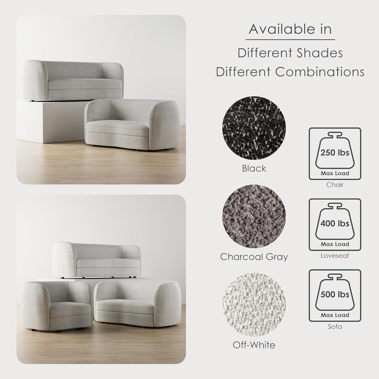 Versoix Contemporary Living Room Set in Off-White Boucle