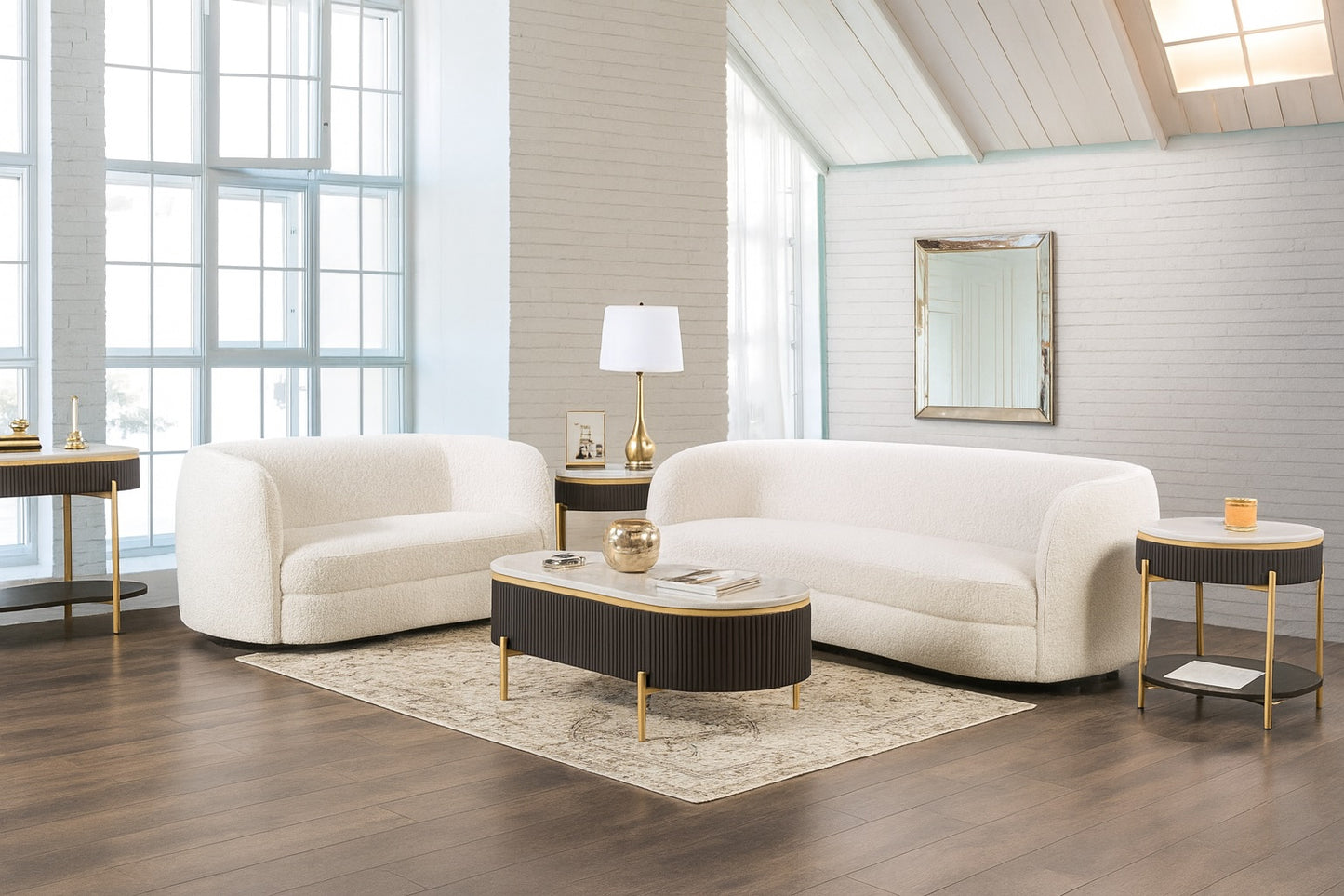 Versoix Contemporary Living Room Set in Off-White Boucle