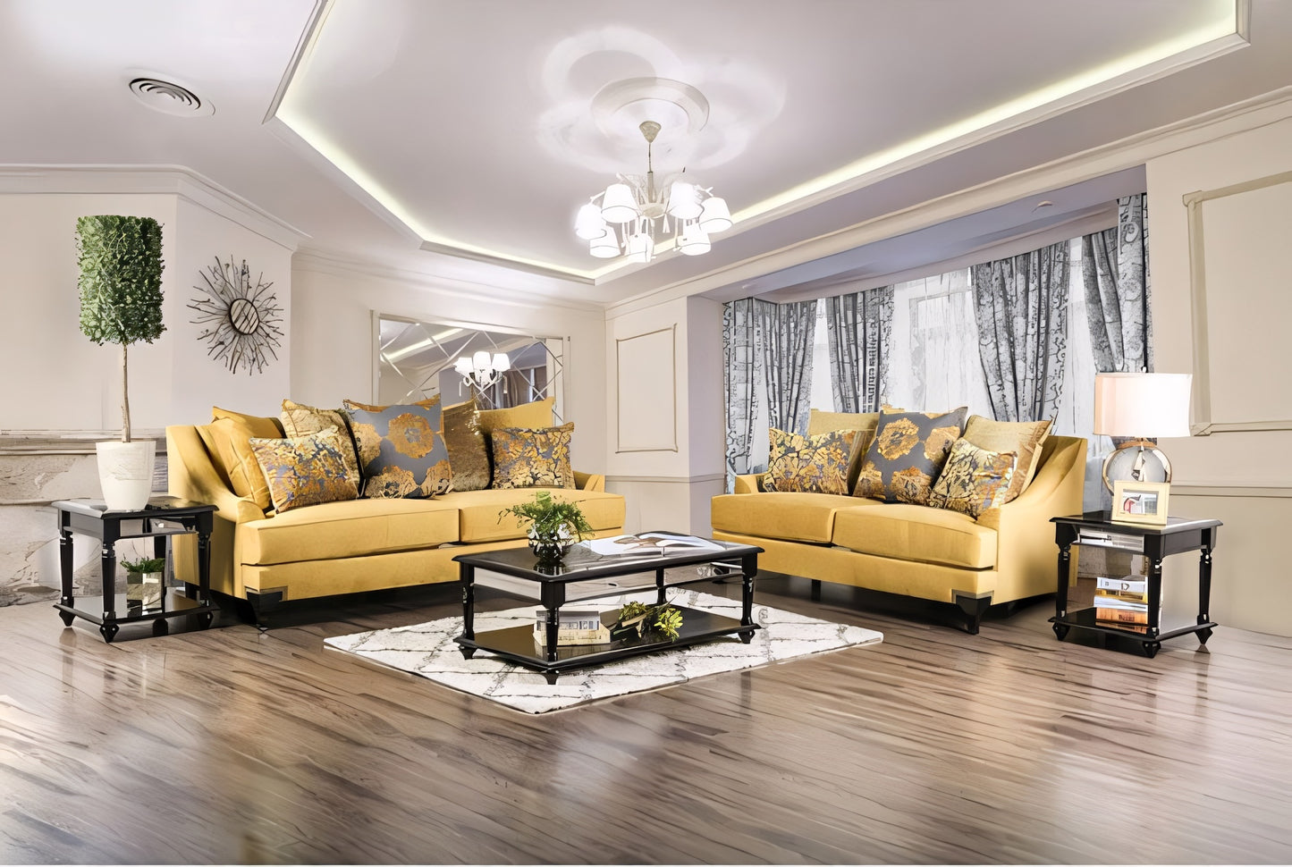 Living room with yellow sofa, decorative pillows, and a coffee table.