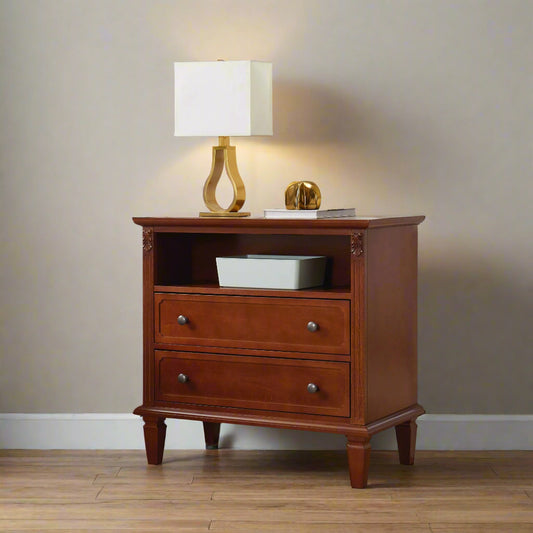 A walnut brown Marilla 2-drawer farmhouse nightstand with USB ports, placed in a bedroom setting.