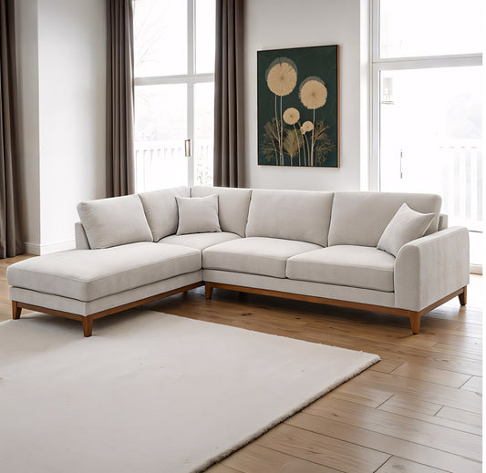Watton Mid-Century Modern Light Gray Chenille Sectional Sofa with Walnut Wood Trim