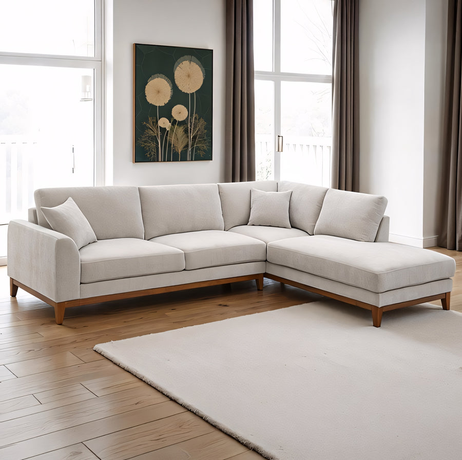 Watton Mid-Century Modern Light Gray Chenille Sectional Sofa with Walnut Wood Trim