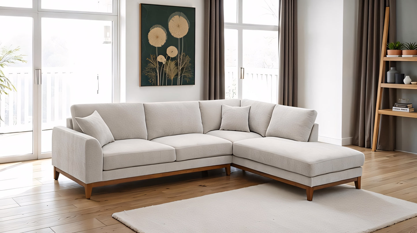 Watton Mid-Century Modern Light Gray Chenille Sectional Sofa with Walnut Wood Trim