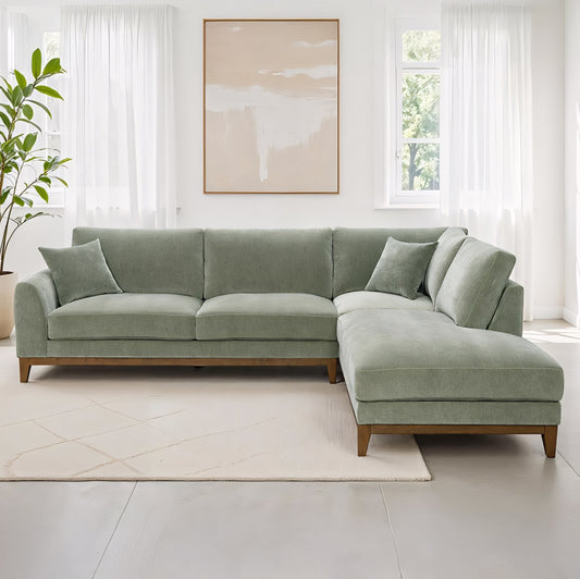 Watton Mid-Century Modern Olive Green Chenille Sectional Sofa with Walnut Wood Trim