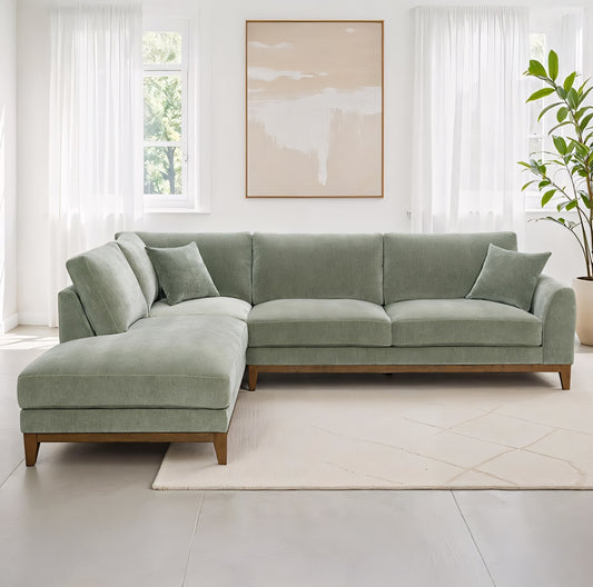 Watton Mid-Century Modern Olive Green Chenille Sectional Sofa with Walnut Wood Trim