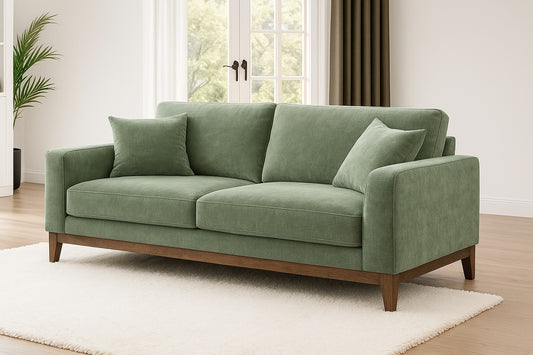 Watton Mid-Century Modern Olive Green Chenille Sofa with Walnut Wood Trim