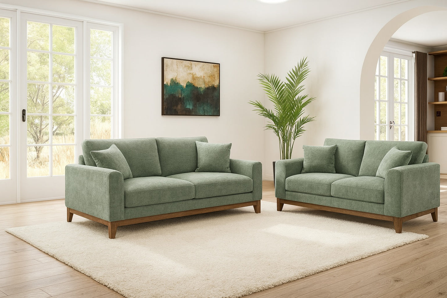 Watton Mid-Century Modern Chenille Sofa & Loveseat Set - Olive