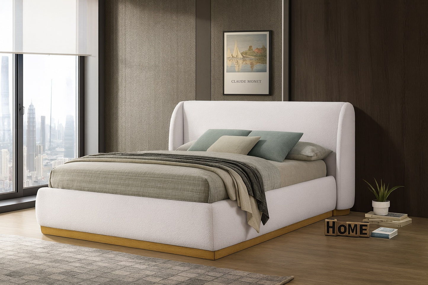 Whitman Contemporary White Boucle & Gold Platform Bed