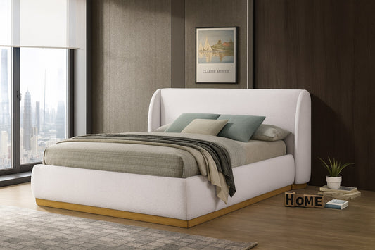 Whitman Contemporary White Boucle & Gold Platform Bed