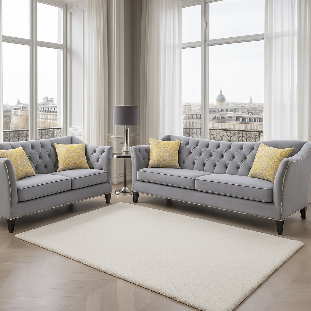 Wilmette Transitional Sofa & Loveseat Set in Gray Velvet with Button Tufting and Nailhead Trim