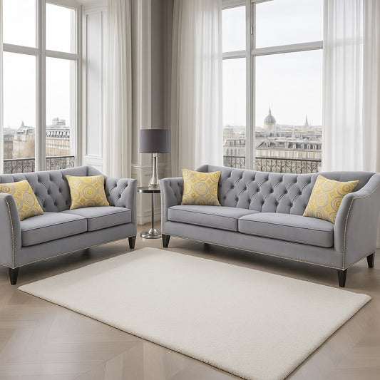 Wilmette Transitional Sofa & Loveseat Set in Gray Velvet with Button Tufting and Nailhead Trim
