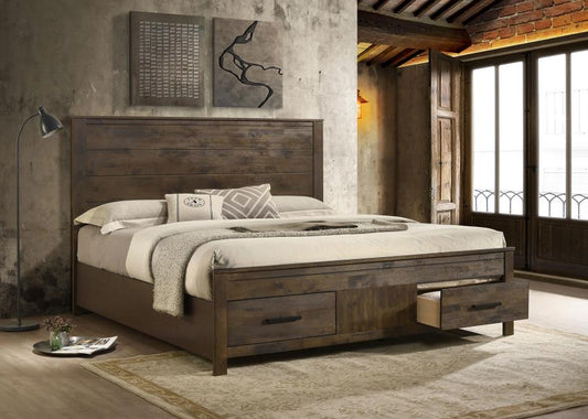 Wooden bed with storage drawers in a bedroom setting with large windows and decorative elements.