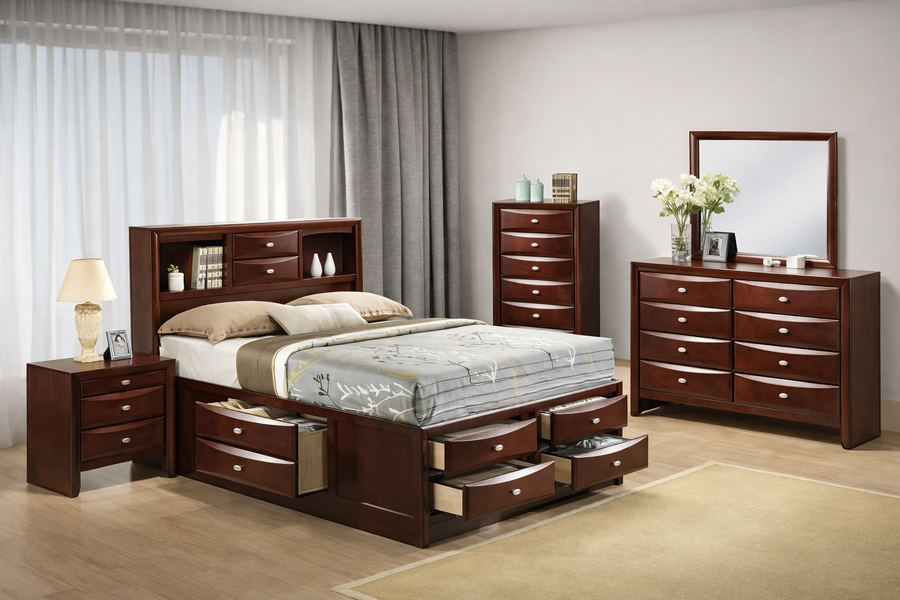 Zosimo Transitional 10-Drawer King Storage Bed - Cherry - Finally Home Furnishings LLC