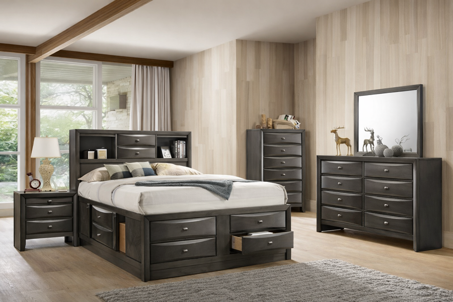 Zosimo Transitional 5-Piece Queen Storage Bedroom Set – Available in Black, Gray, or Cherry - Finally Home Furnishings LLC
