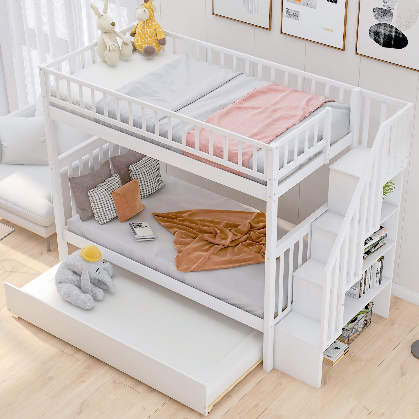 WM Store Twin over Twin Bunk Bed with Trundle and Storage, White