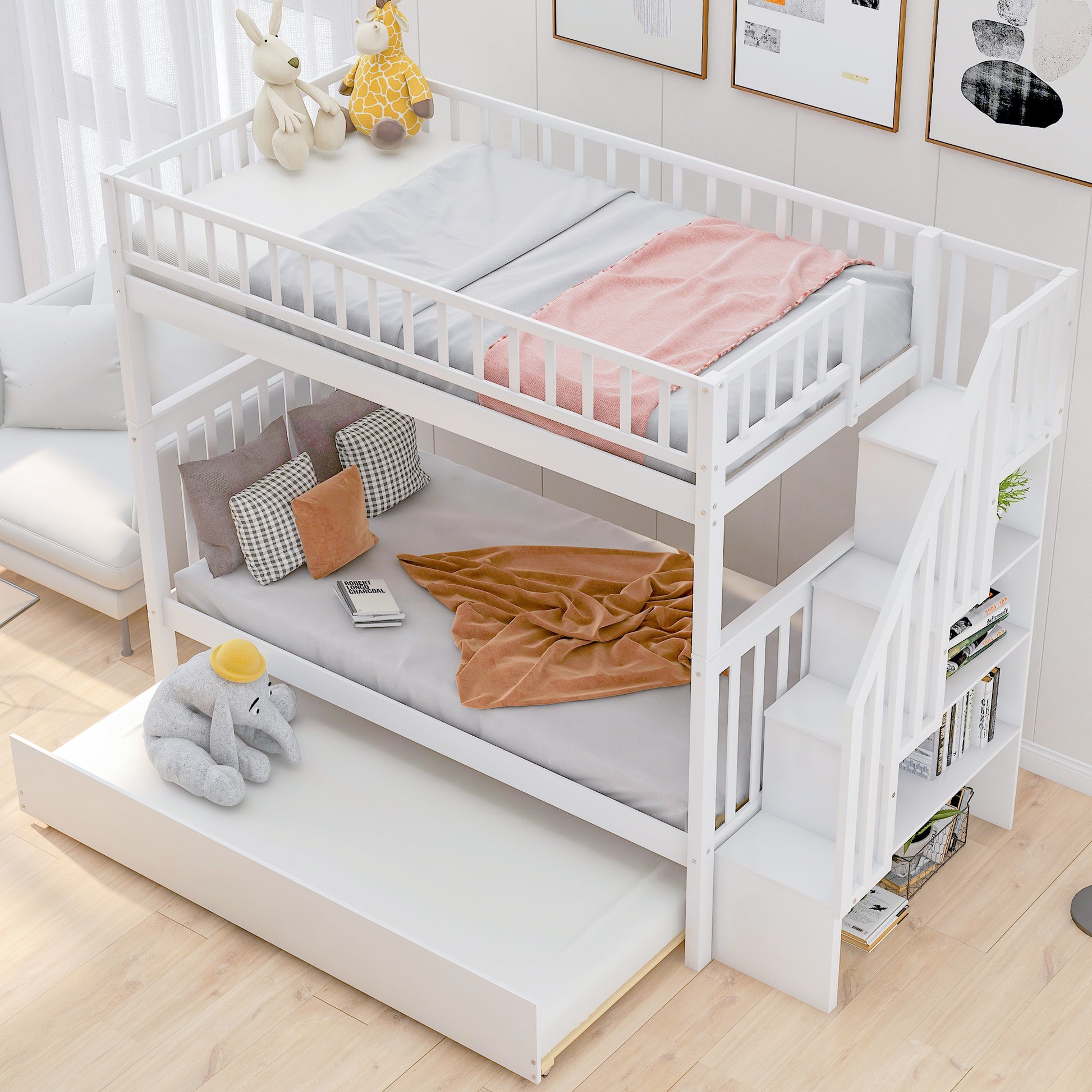 WM Store Twin over Twin Bunk Bed with Trundle and Storage, White