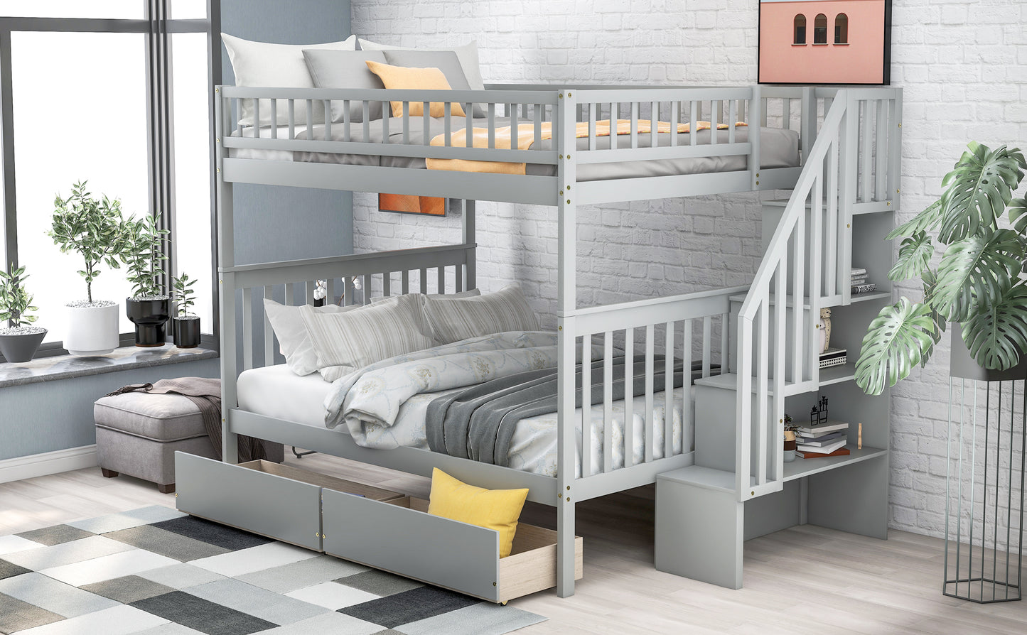 WM Store Full over Full Bunk Bed with Two Drawers and Storage, Gray
