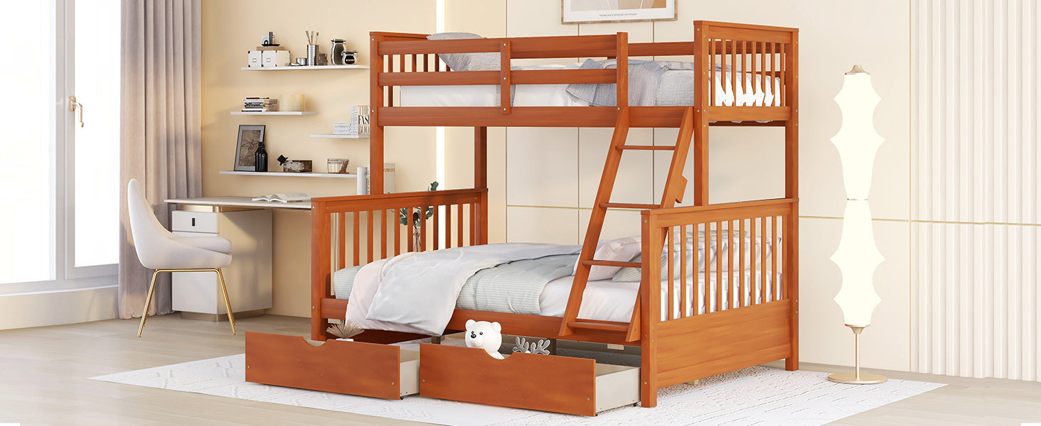 Twin-Over-Full Bunk Bed with Ladders and Two Storage Drawers Walnut