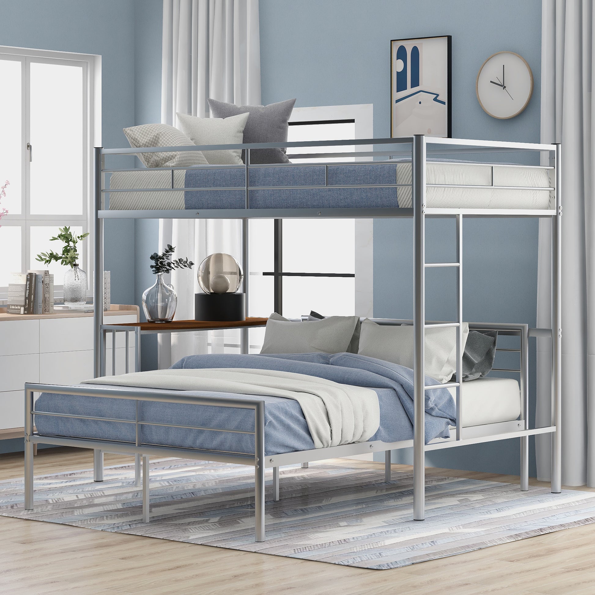 Twin Over Full Metal Bunk Bed with Desk in Silver