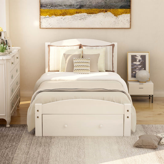 Homey Life Twin Platform Bed with Storage Drawer in White