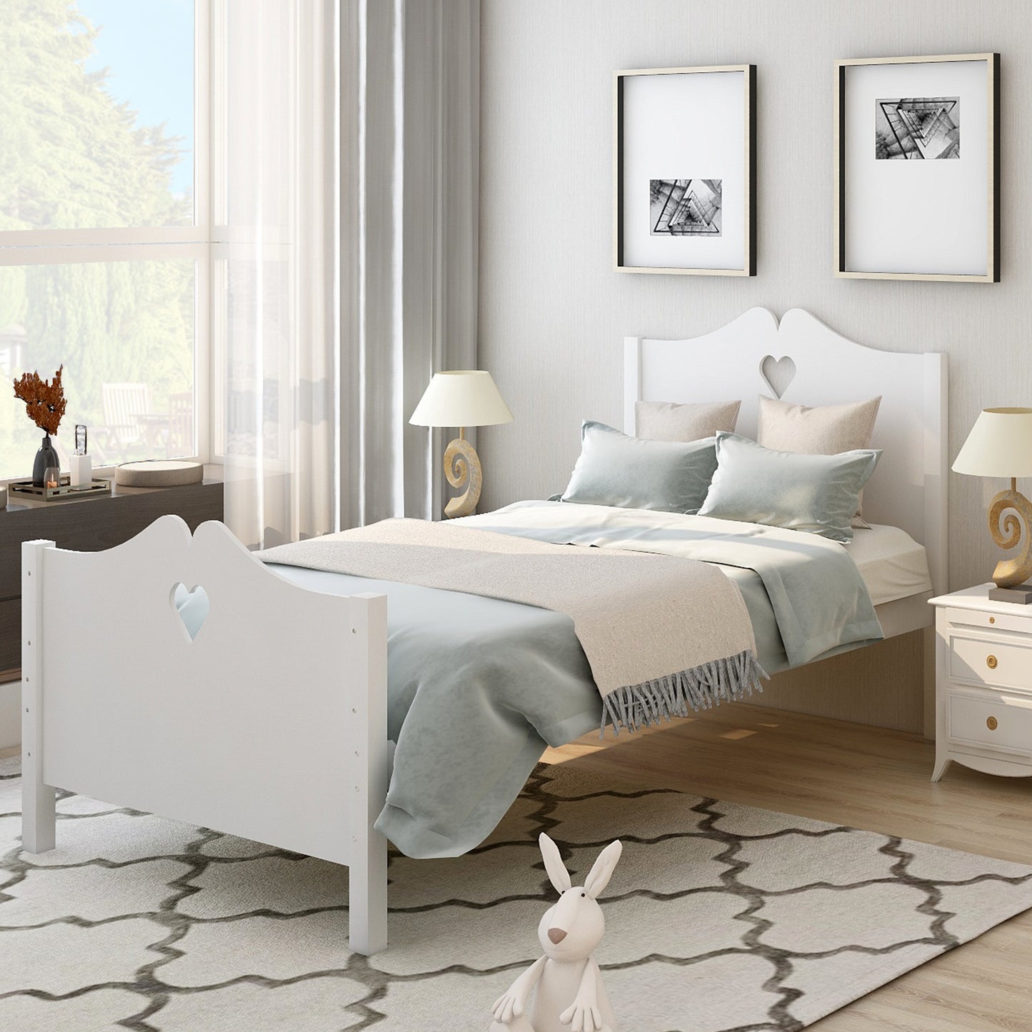 Bed Frame Twin Platform Bed with Wood Slat Support and Headboard and Footboard White