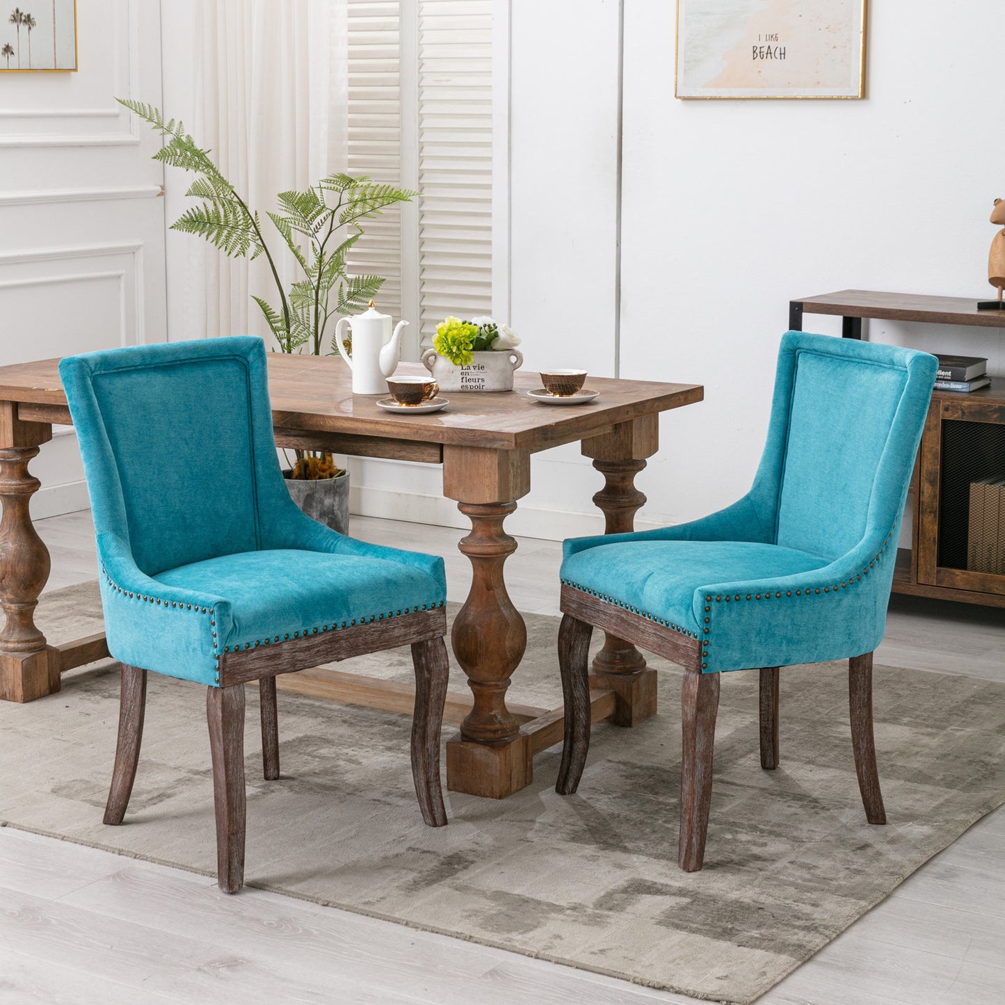A&A Furniture Dining Chairs with Thickened Padded Seats & Weathered Legs Set of 2 - Blue