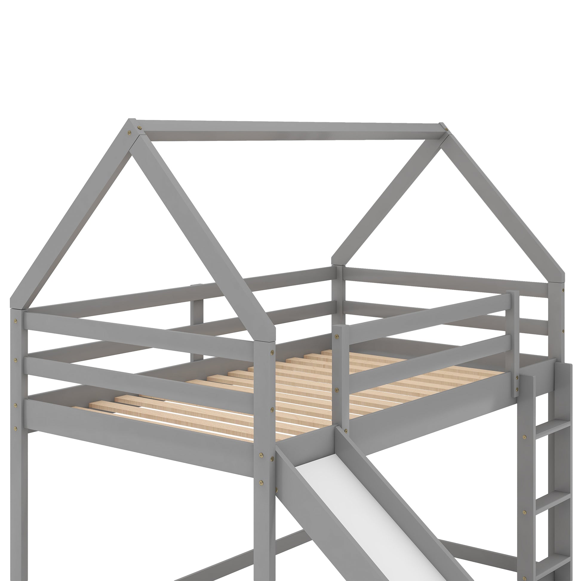 WM Store Twin Size Bunk House Bed with Slide and Ladder in Gray
