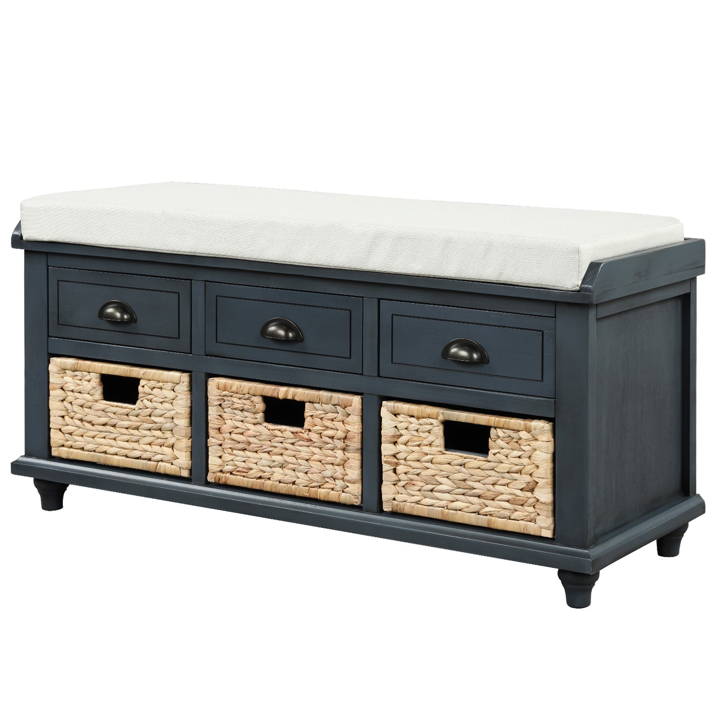 TREXM Rustic Storage Bench with 3 Drawers and 3 Rattan Baskets - Antique Navy