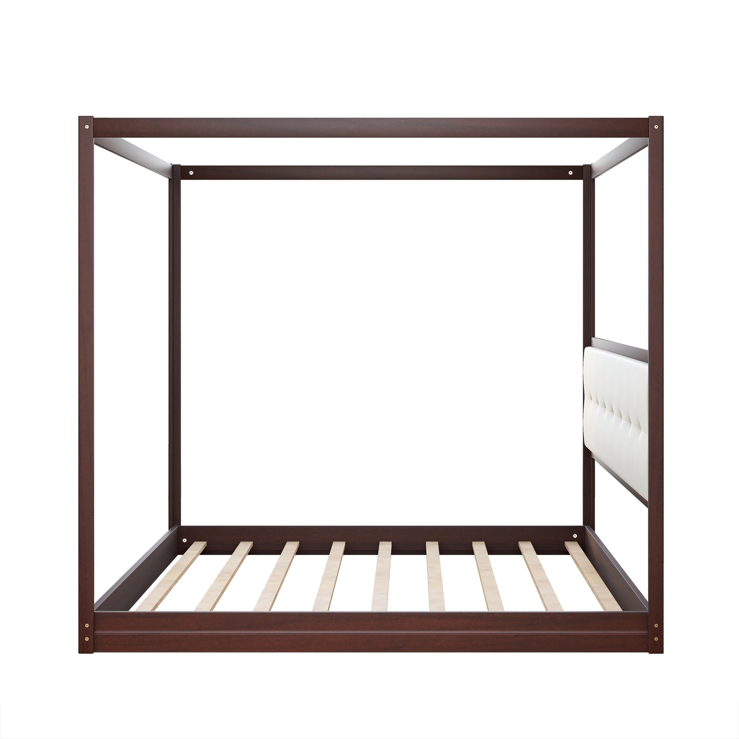 King Size Wooden Canopy Platform Bed with Upholstered Headboard in Espresso