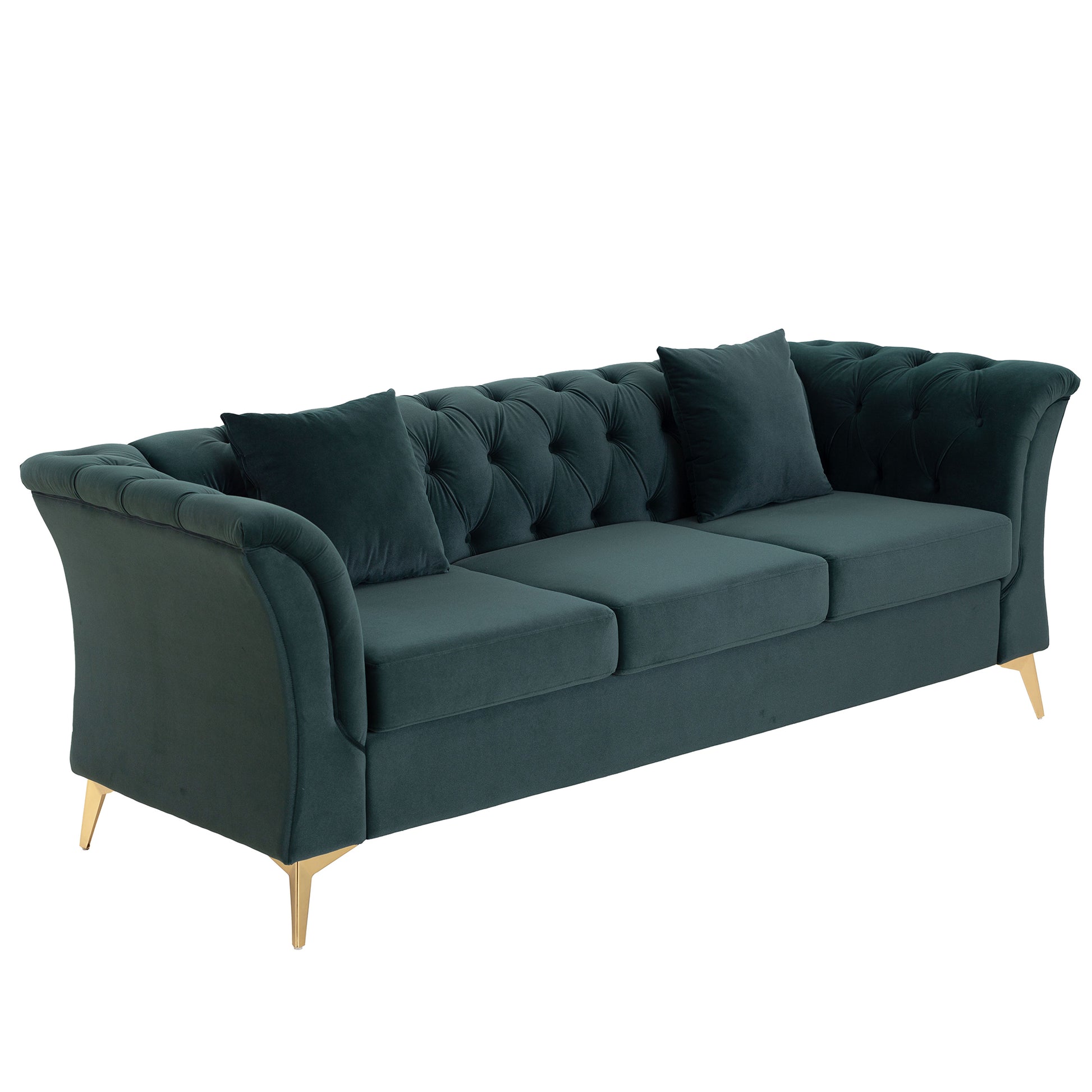 Modern Tufted Chesterfield Sofa in Green Velvet with Gold Legs