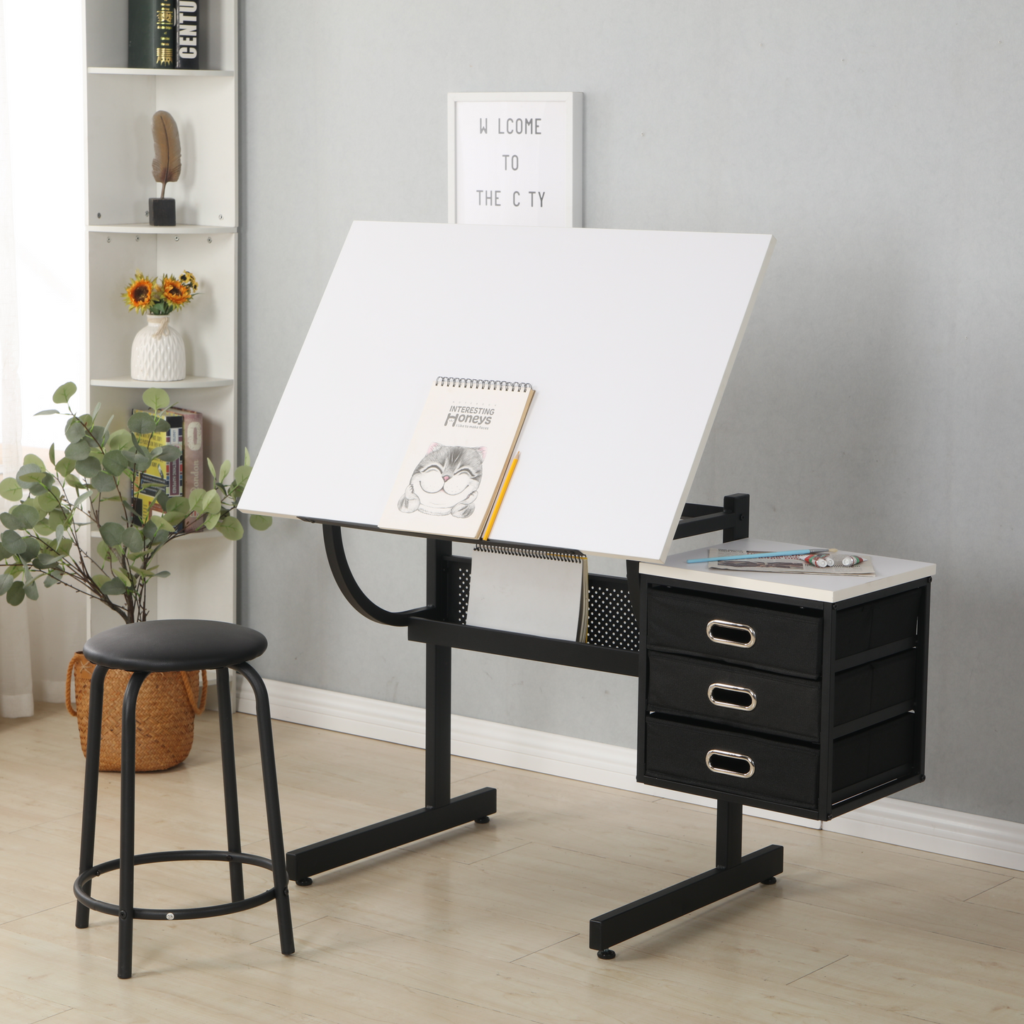 Hayward Adjustable Drafting Desk - White & Black