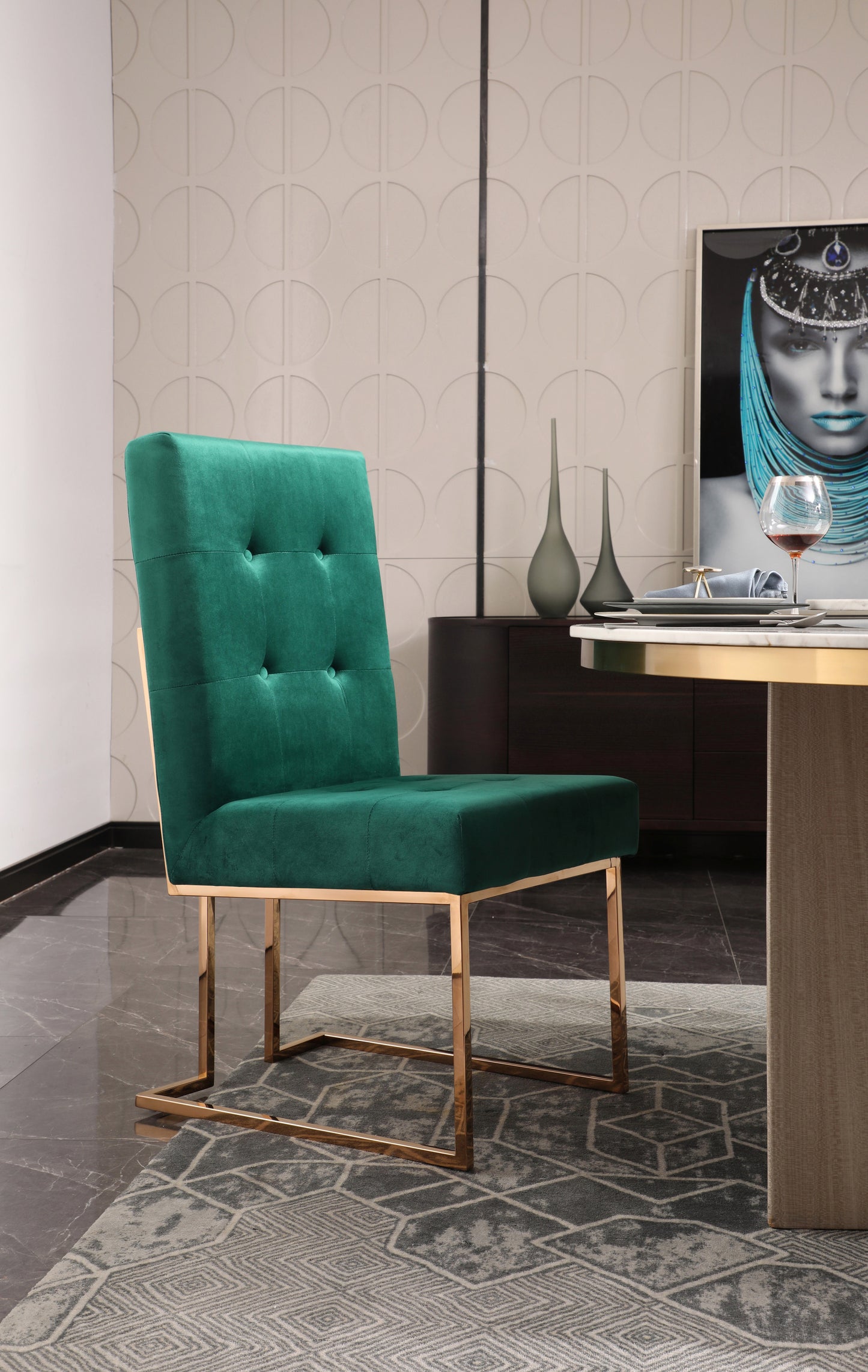 Modrest Legend Modern Green Velvet & Rose Gold Dining Chair Set of 2