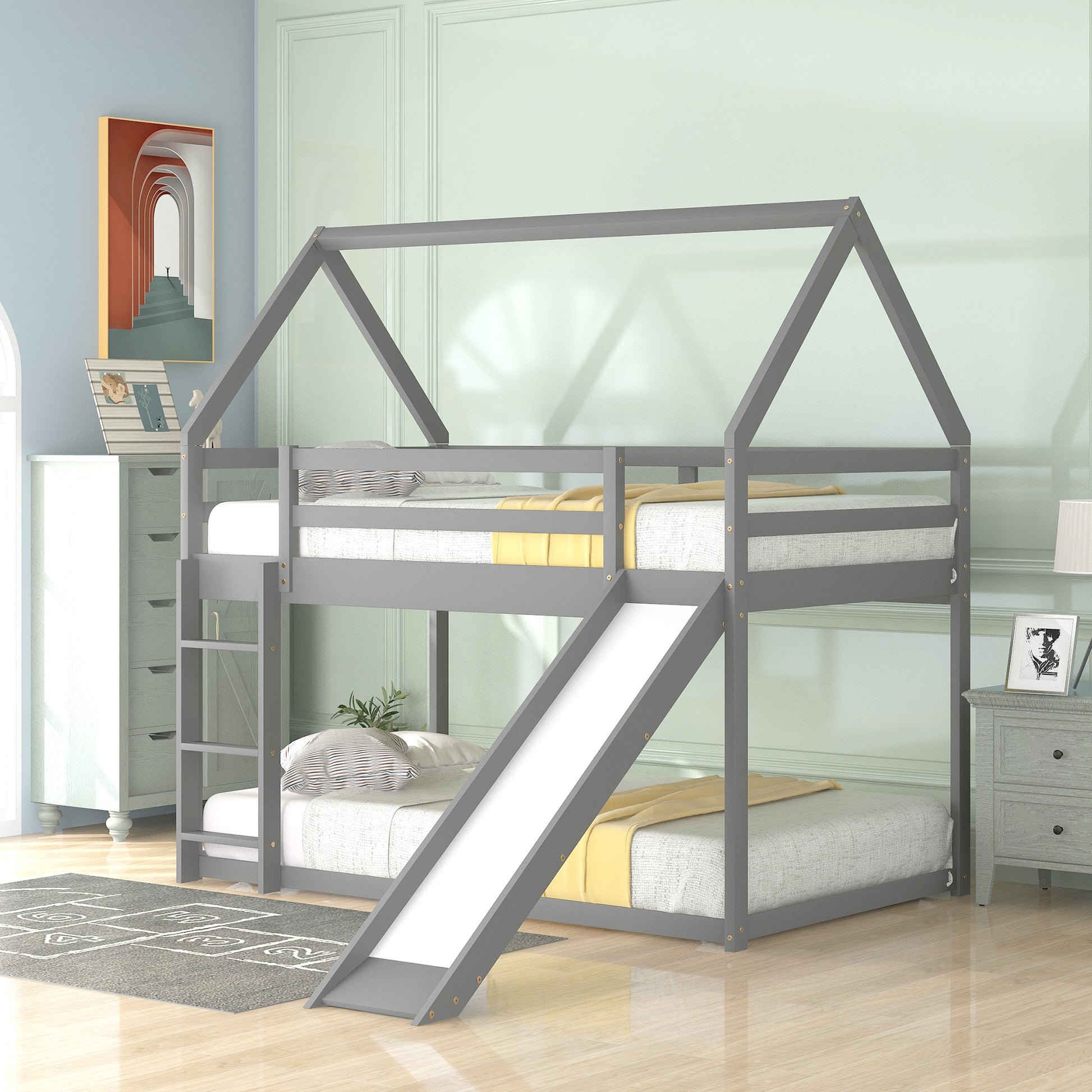 WM Store Twin Size Bunk House Bed with Slide and Ladder in Gray
